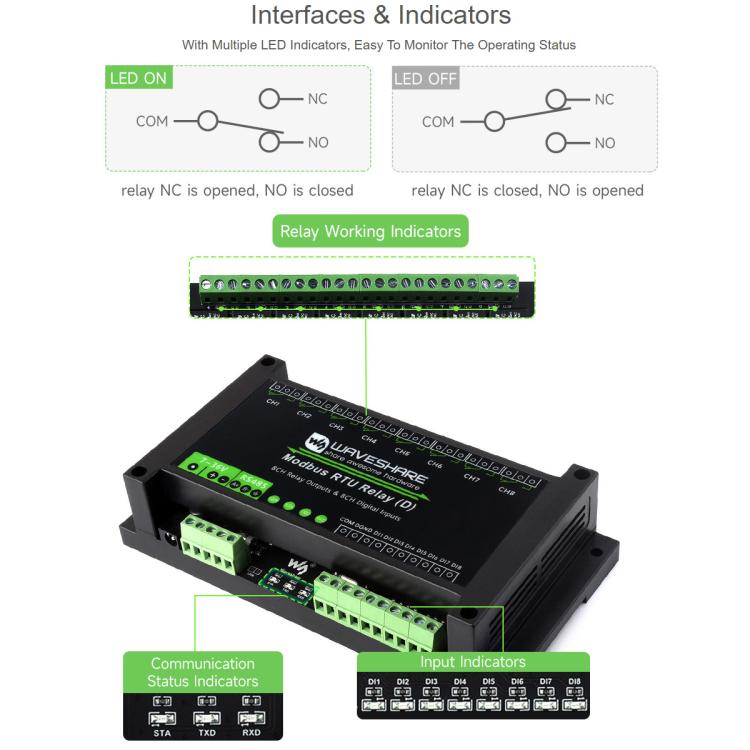 Módulo de relés Waveshare Modbus RTU de 8 canales RS485 con entrada digital, circuitos de protección de aislamiento múltiple y fuente de alimentación de 7~36 V.