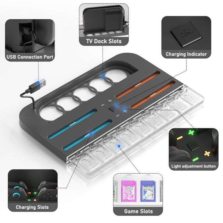 Base de carga con iluminación RGB para la consola Nintendo Switch 2 y los mandos Joy-Con, con 9 ranuras para tarjetas de juego., HBS-2804