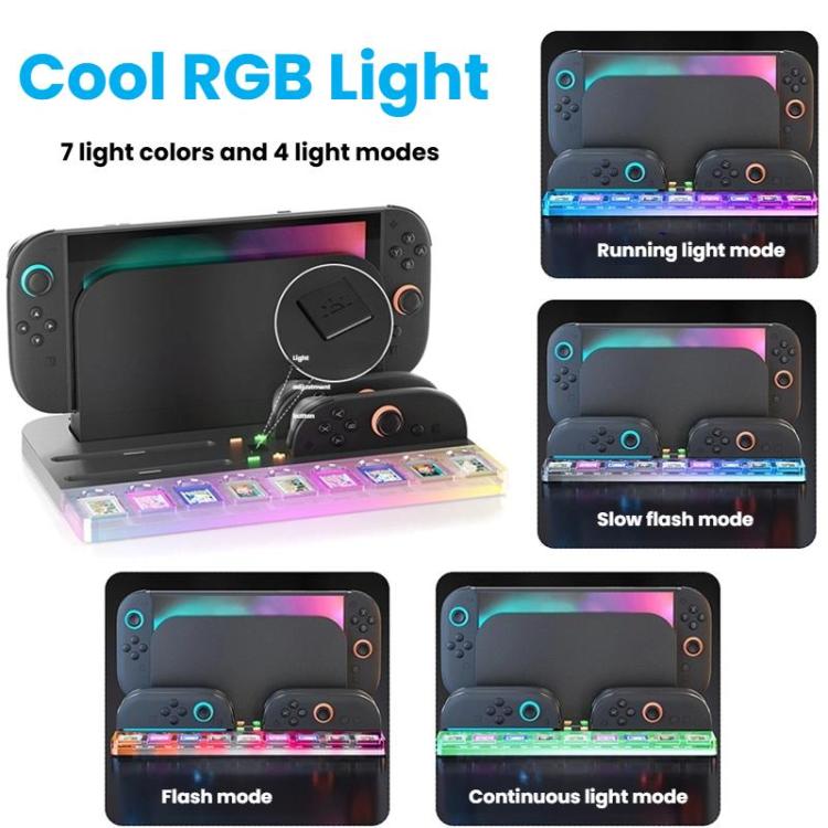 Base de carga con iluminación RGB para la consola Nintendo Switch 2 y los mandos Joy-Con, con 9 ranuras para tarjetas de juego., HBS-2804