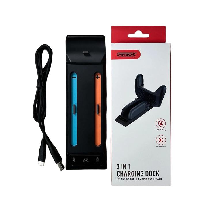 Base de carga 3 en 1 con indicadores LED para los mandos Nintendo Switch 2 Pro y Joy-Con.