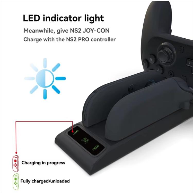 Base de carga 3 en 1 con indicadores LED para los mandos Nintendo Switch 2 Pro y Joy-Con.