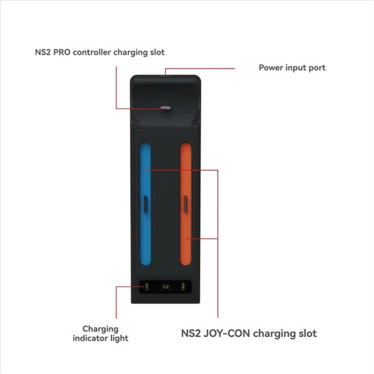 Base de carga 3 en 1 con indicadores LED para los mandos Nintendo Switch 2 Pro y Joy-Con.