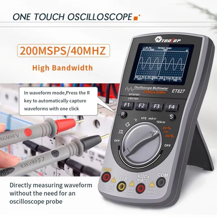 Osciloscopio y multímetro con frecuencia de muestreo de 200 Msps y 40 MHz. Osciloscopio + multímetro 2 en 1., ET827