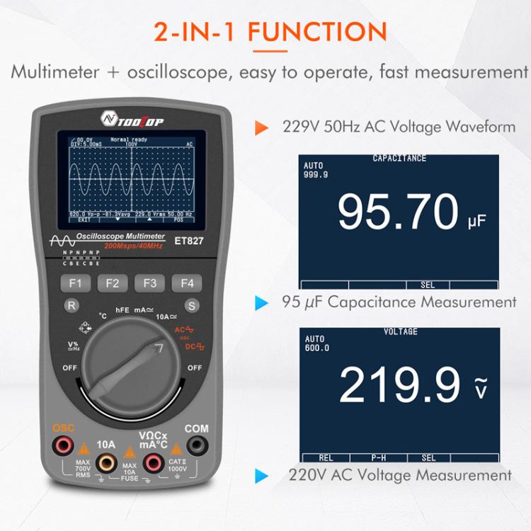Osciloscopio y multímetro con frecuencia de muestreo de 200 Msps y 40 MHz. Osciloscopio + multímetro 2 en 1., ET827