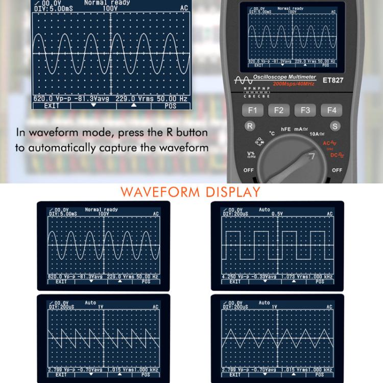 Osciloscopio y multímetro con frecuencia de muestreo de 200 Msps y 40 MHz. Osciloscopio + multímetro 2 en 1., ET827