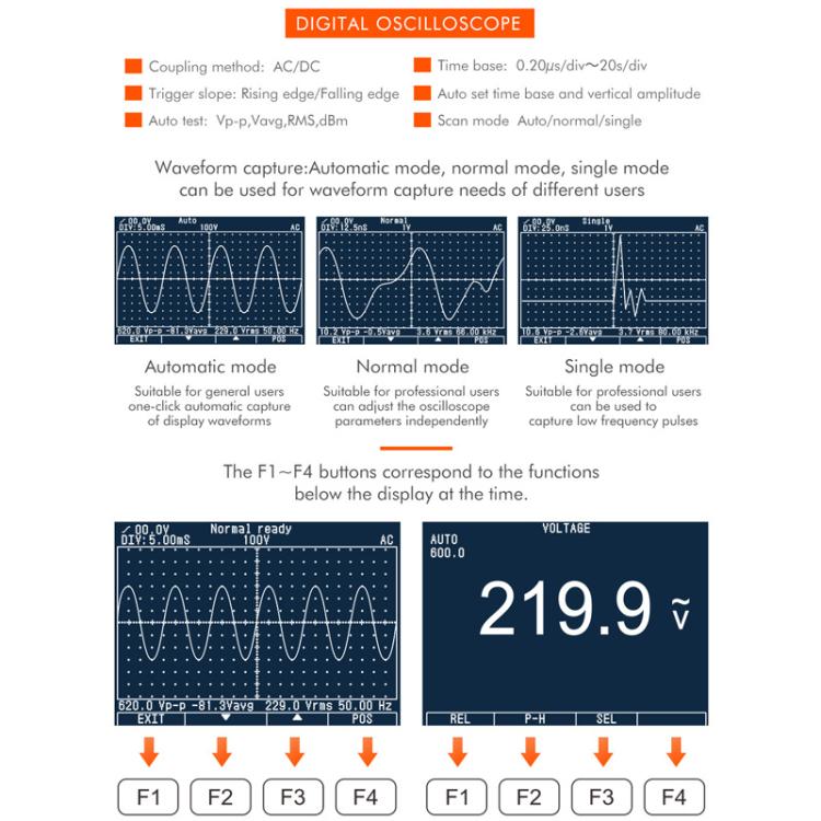 Osciloscopio y multímetro con frecuencia de muestreo de 200 Msps y 40 MHz. Osciloscopio + multímetro 2 en 1., ET827