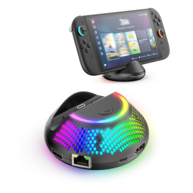 Base de TV JYS 4K 60Hz 5 en 1 con puerto Gigabit Ethernet e iluminación ambiental RGB para Nintendo Switch 2, JYS