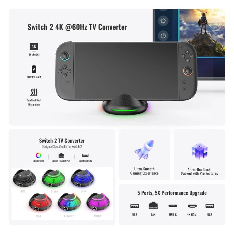 Base de TV JYS 4K 60Hz 5 en 1 con puerto Gigabit Ethernet e iluminación ambiental RGB para Nintendo Switch 2, JYS
