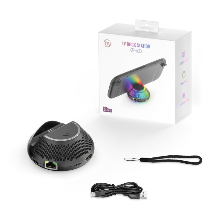 Base de TV JYS 4K 60Hz 5 en 1 con puerto Gigabit Ethernet e iluminación ambiental RGB para Nintendo Switch 2, JYS