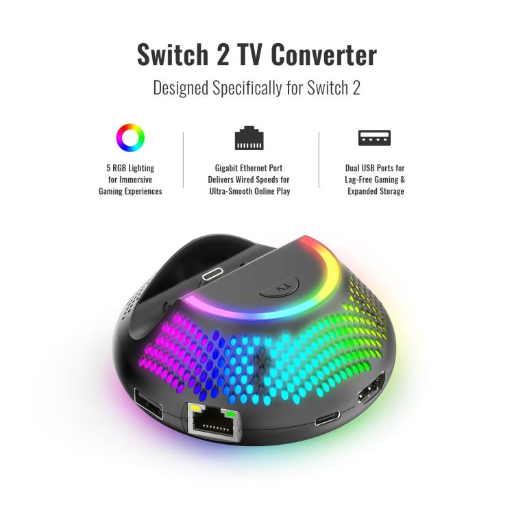 Base de TV JYS 4K 60Hz 5 en 1 con puerto Gigabit Ethernet e iluminación ambiental RGB para Nintendo Switch 2, JYS