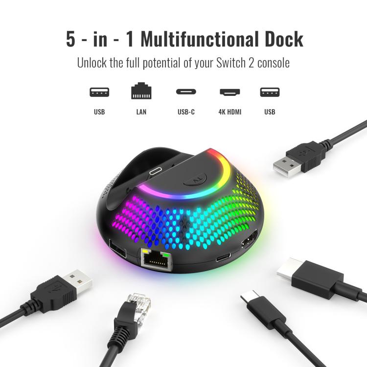 Base de TV JYS 4K 60Hz 5 en 1 con puerto Gigabit Ethernet e iluminación ambiental RGB para Nintendo Switch 2, JYS