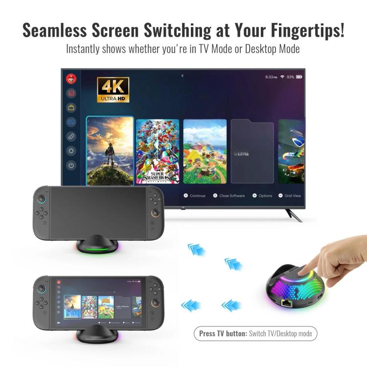 Base de TV JYS 4K 60Hz 5 en 1 con puerto Gigabit Ethernet e iluminación ambiental RGB para Nintendo Switch 2, JYS