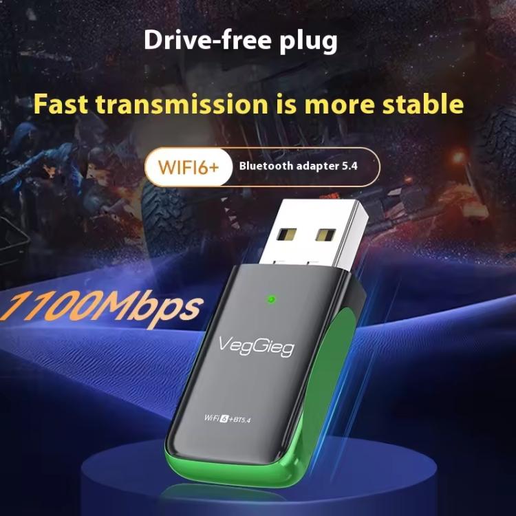Adaptador USB 2 en 1 WiFi 6 Bluetooth 5.4 VegGieg de 1100 Mbps, tarjeta de red inalámbrica Gigabit 5G para PC/portátil.
