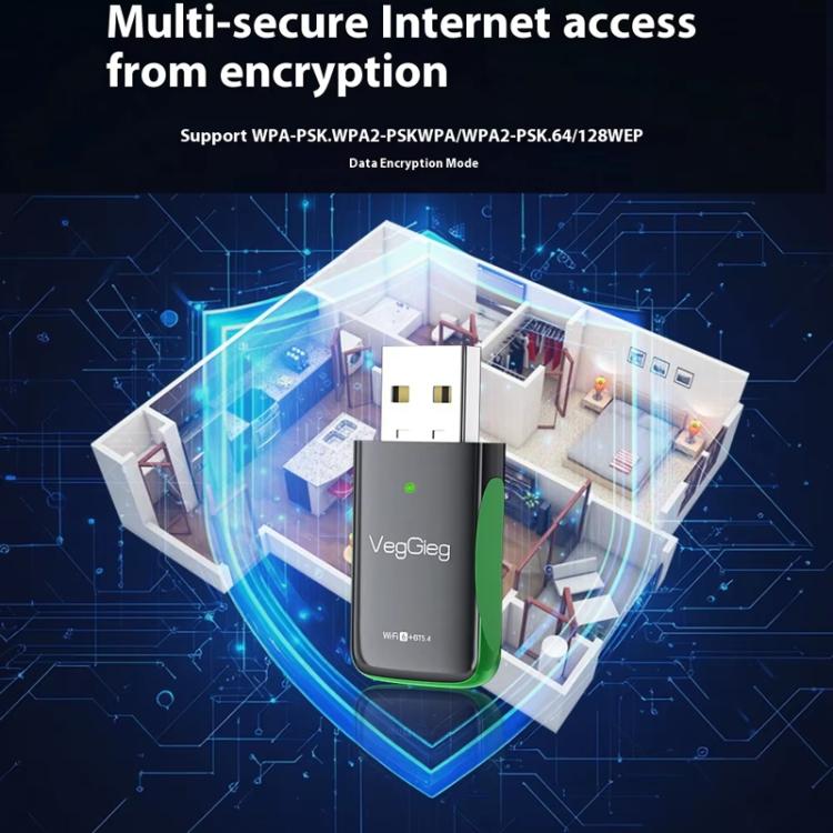 Adaptador USB 2 en 1 WiFi 6 Bluetooth 5.4 VegGieg de 1100 Mbps, tarjeta de red inalámbrica Gigabit 5G para PC/portátil.