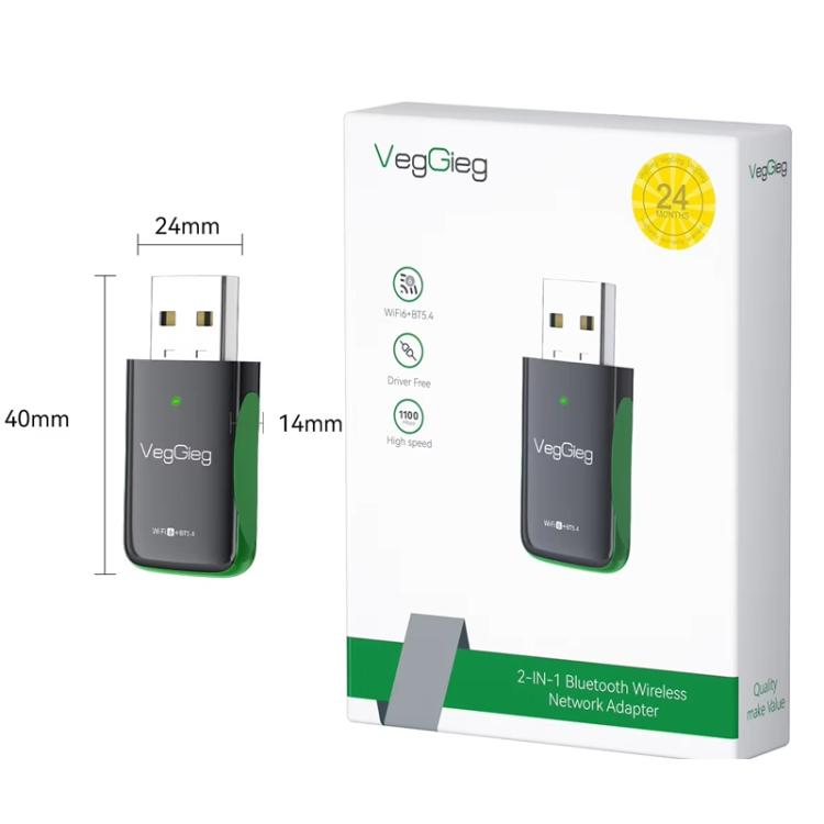 Adaptador USB 2 en 1 WiFi 6 Bluetooth 5.4 VegGieg de 1100 Mbps, tarjeta de red inalámbrica Gigabit 5G para PC/portátil.