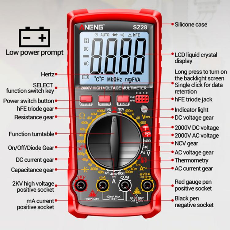 Multímetro digital fotovoltaico de alta precisión y alto voltaje ANENG 2000V, SZ28 Red, SZ28 Black