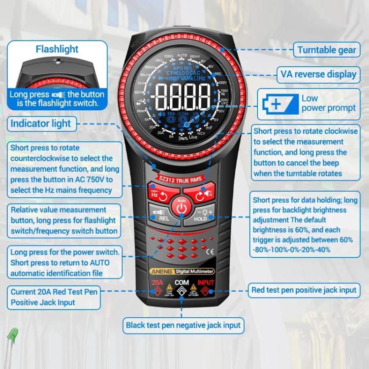 Multímetro inteligente totalmente automático portátil de alta precisión con disco giratorio ANENG, SZ312