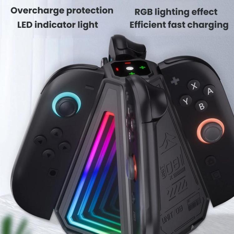 Base de carga triangular 4 en 1 con luz RGB para 2 mandos Joy-Con de Nintendo Switch, S219