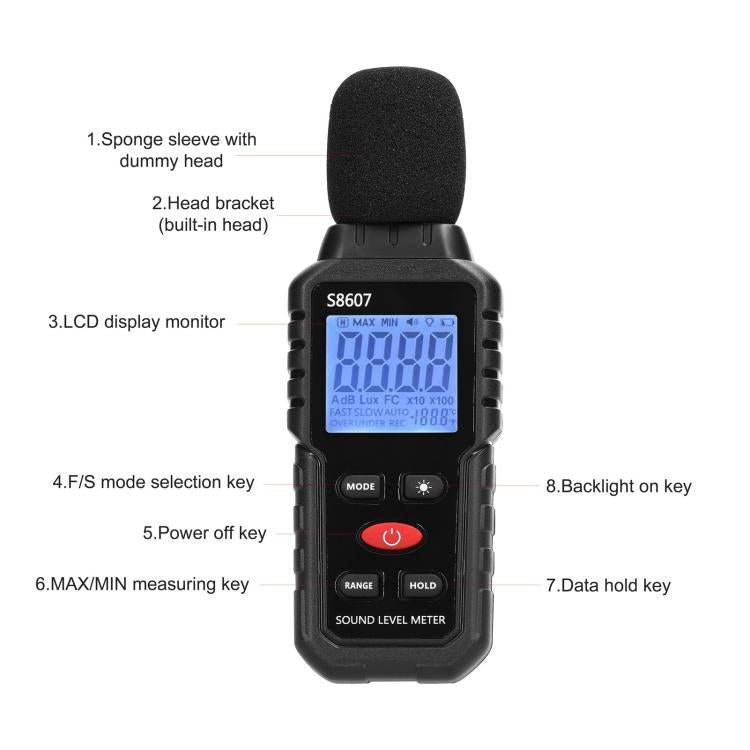 Detector de ruido ambiental con mini instrumento de decibelios de alta precisión, S8607