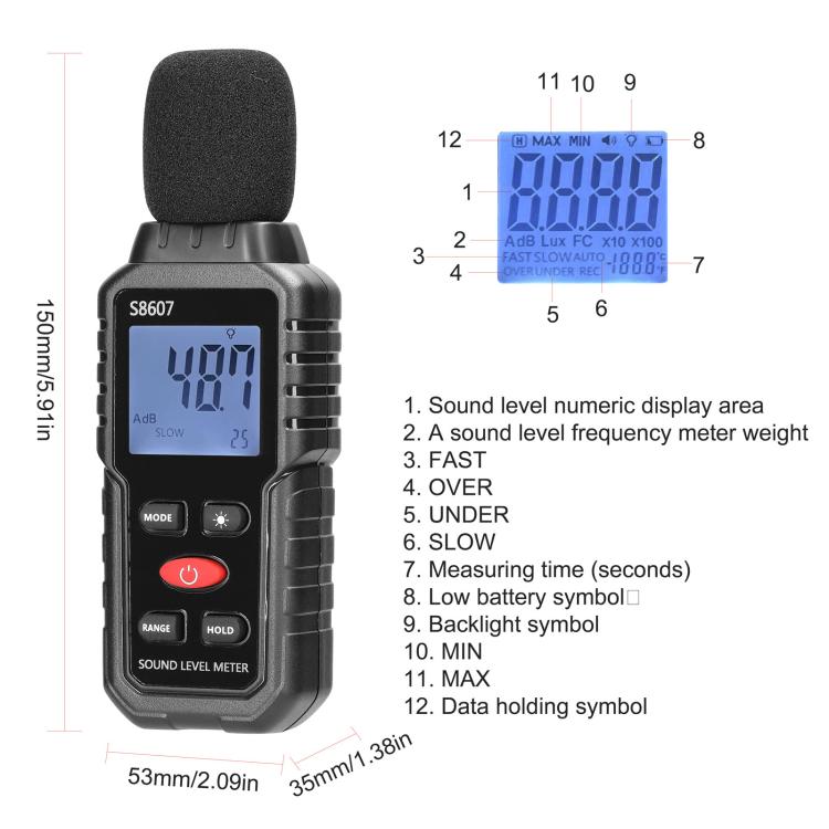 Detector de ruido ambiental con mini instrumento de decibelios de alta precisión, S8607