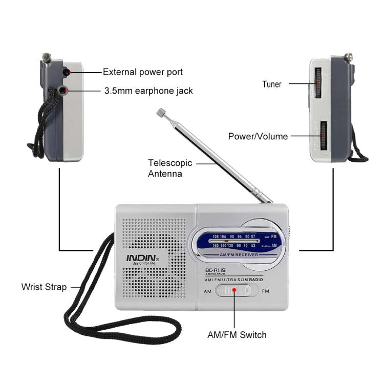 Radio portátil AM/FM INDIN BC-R119 para personas mayores, 530-1610 kHz AM y 88-108 MHz FM, radio de emergencia ligera., BC-R119