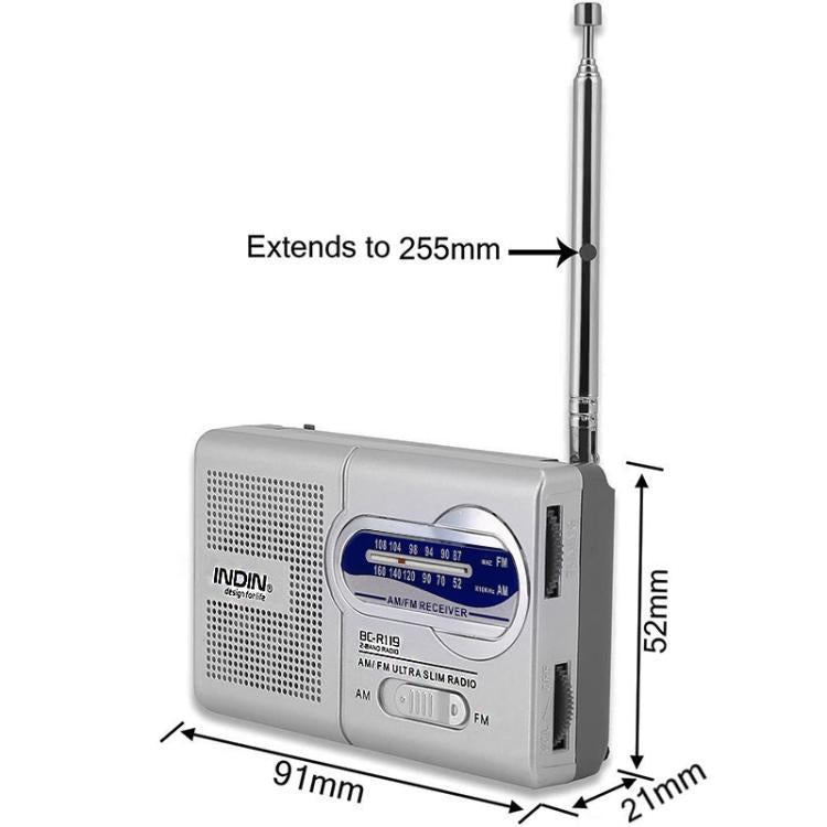 Radio portátil AM/FM INDIN BC-R119 para personas mayores, 530-1610 kHz AM y 88-108 MHz FM, radio de emergencia ligera., BC-R119