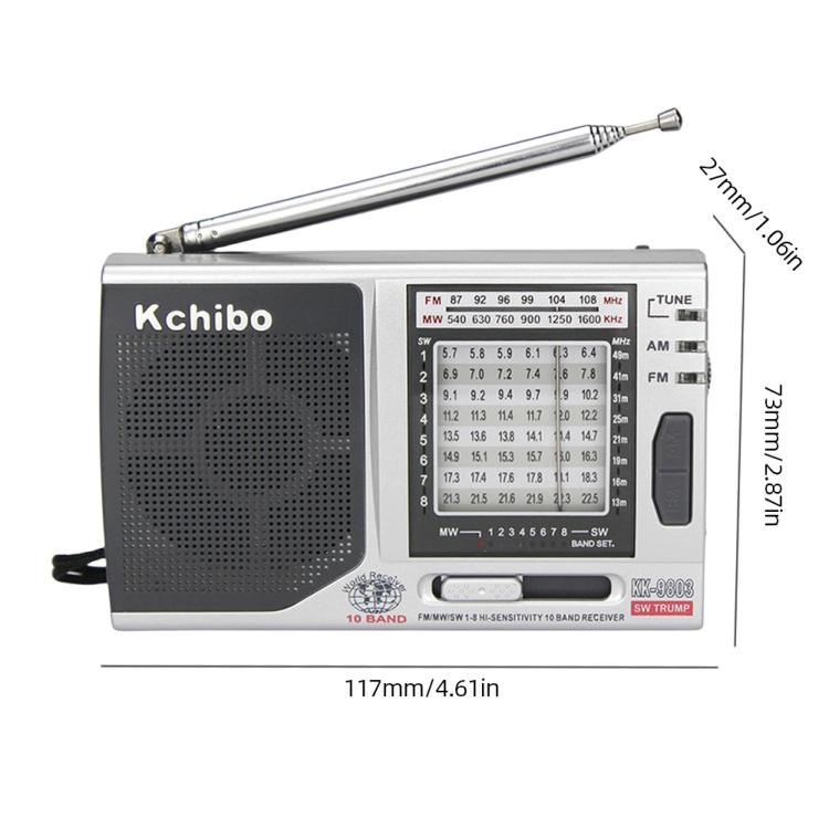 Radio portátil Kchibo de 10 bandas AM/FM/SW con altavoz de alta fidelidad y receptor multibanda compacto mini., KK-9803