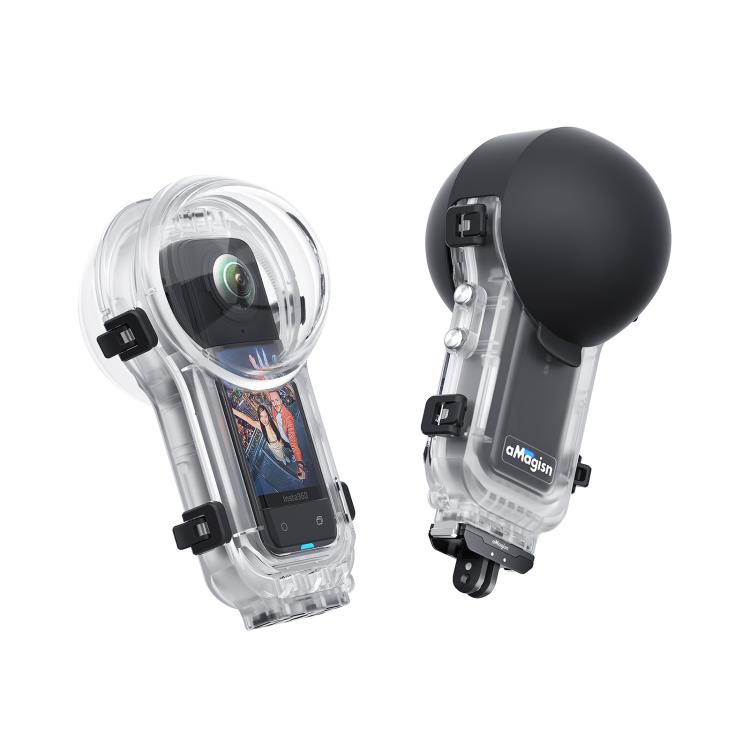 Carcasa sumergible totalmente invisible e impermeable para Insta360 X5 AMagisn de 60 m/196 pies con sistema de liberación rápida.