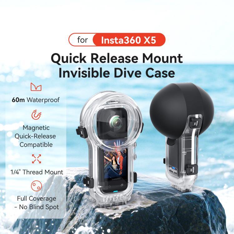 Carcasa sumergible totalmente invisible e impermeable para Insta360 X5 AMagisn de 60 m/196 pies con sistema de liberación rápida.