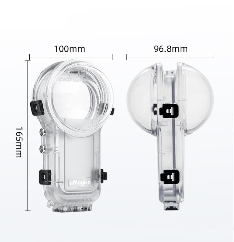 Carcasa sumergible totalmente invisible e impermeable para Insta360 X5 AMagisn de 60 m/196 pies con sistema de liberación rápida.