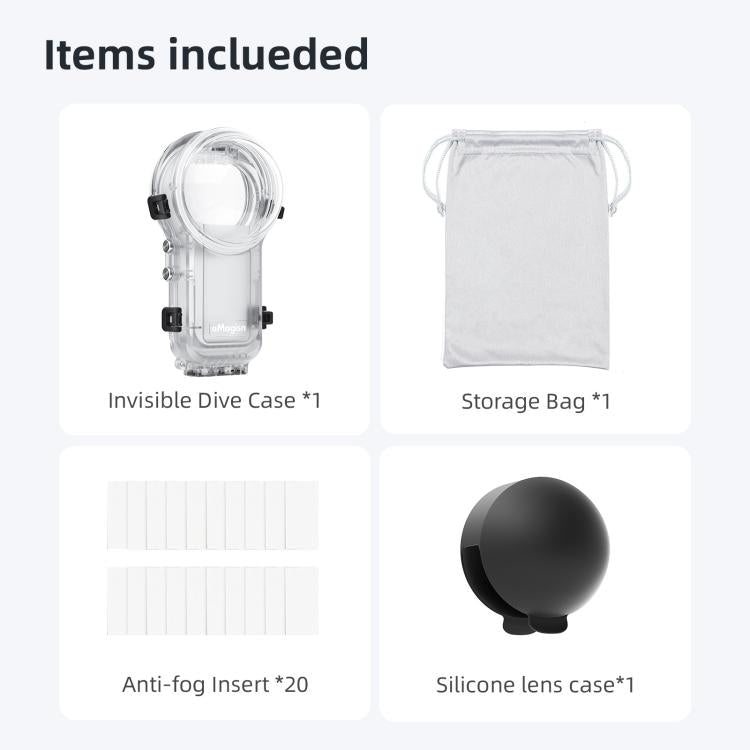 Carcasa sumergible totalmente invisible e impermeable para Insta360 X5 AMagisn de 60 m/196 pies con sistema de liberación rápida.
