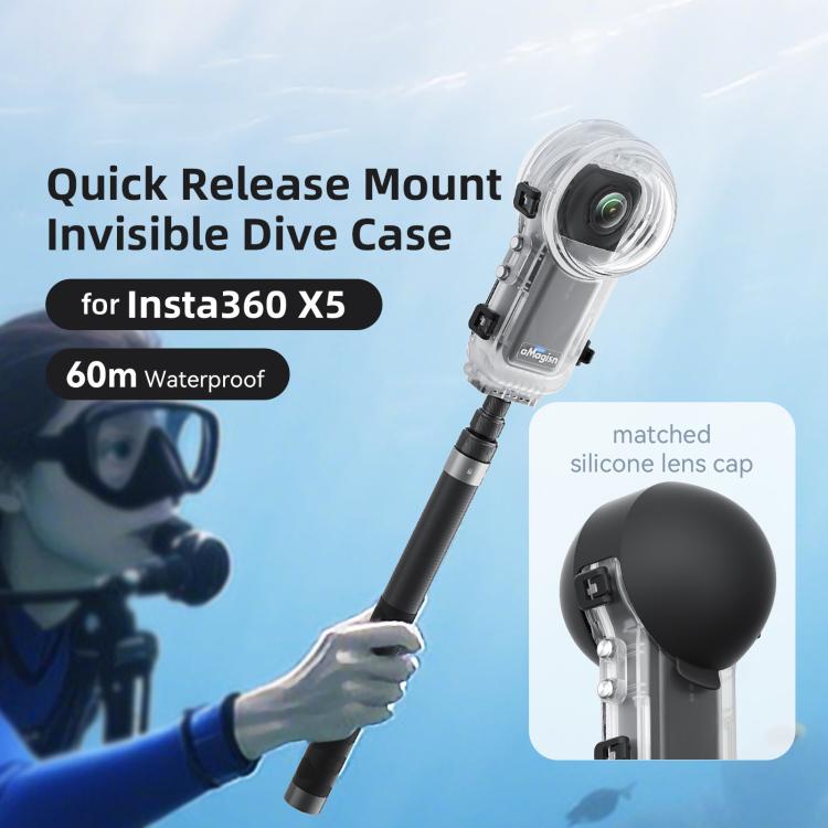 Carcasa sumergible totalmente invisible e impermeable para Insta360 X5 AMagisn de 60 m/196 pies con sistema de liberación rápida.
