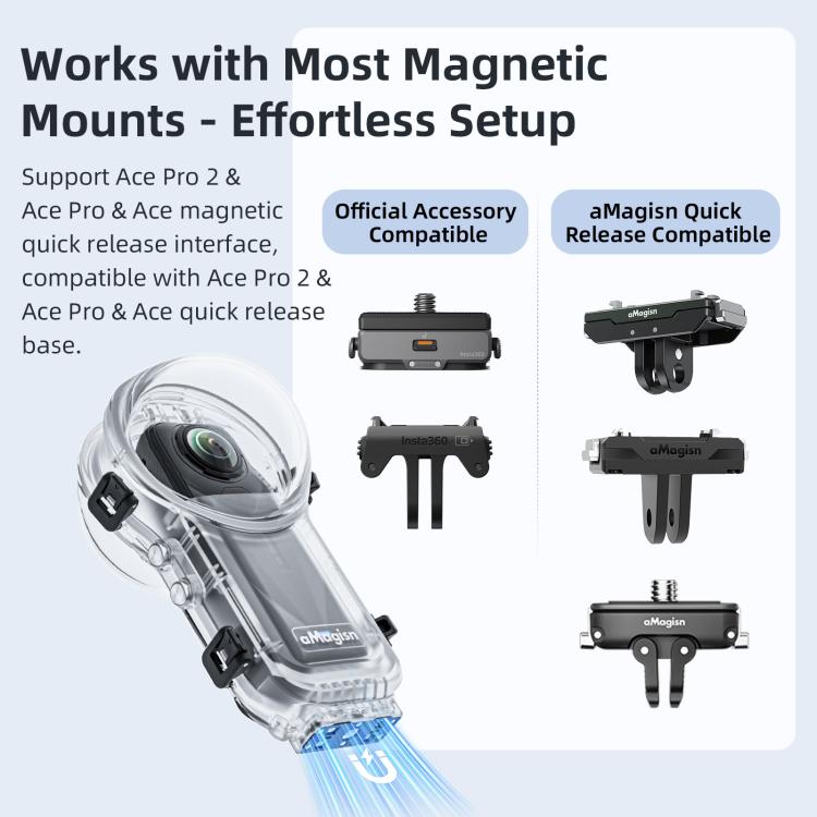 Carcasa sumergible totalmente invisible e impermeable para Insta360 X5 AMagisn de 60 m/196 pies con sistema de liberación rápida.