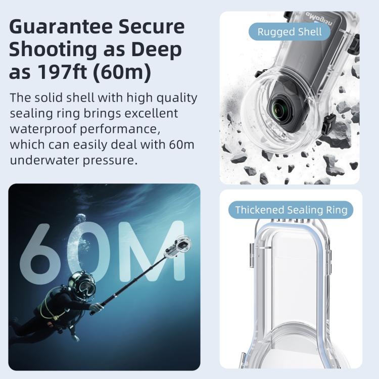 Carcasa sumergible totalmente invisible e impermeable para Insta360 X5 AMagisn de 60 m/196 pies con sistema de liberación rápida.
