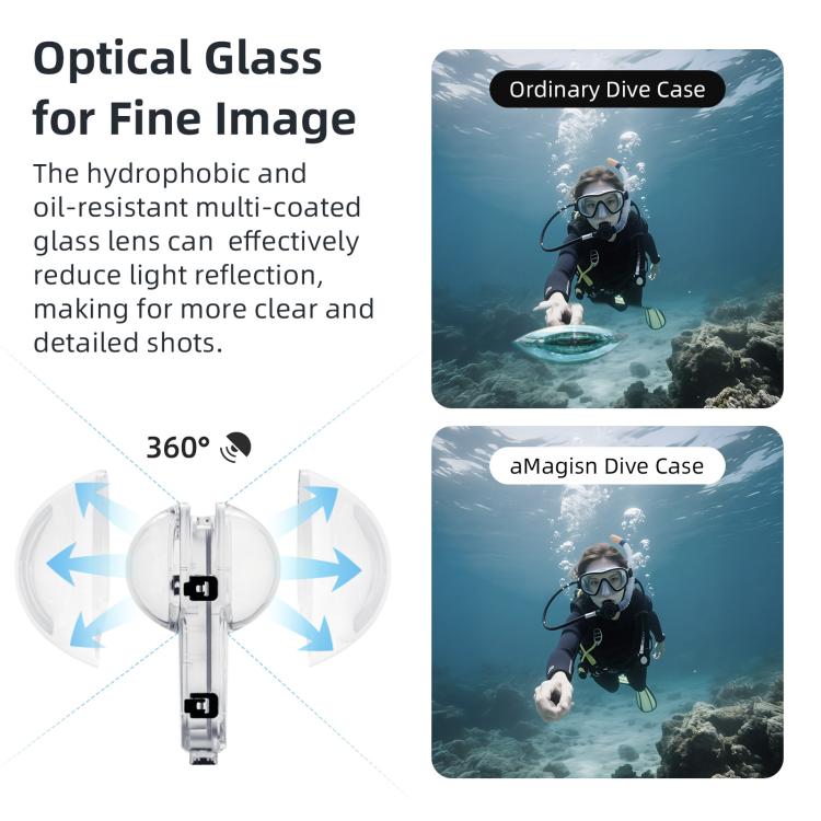 Carcasa sumergible totalmente invisible e impermeable para Insta360 X5 AMagisn de 60 m/196 pies con sistema de liberación rápida.