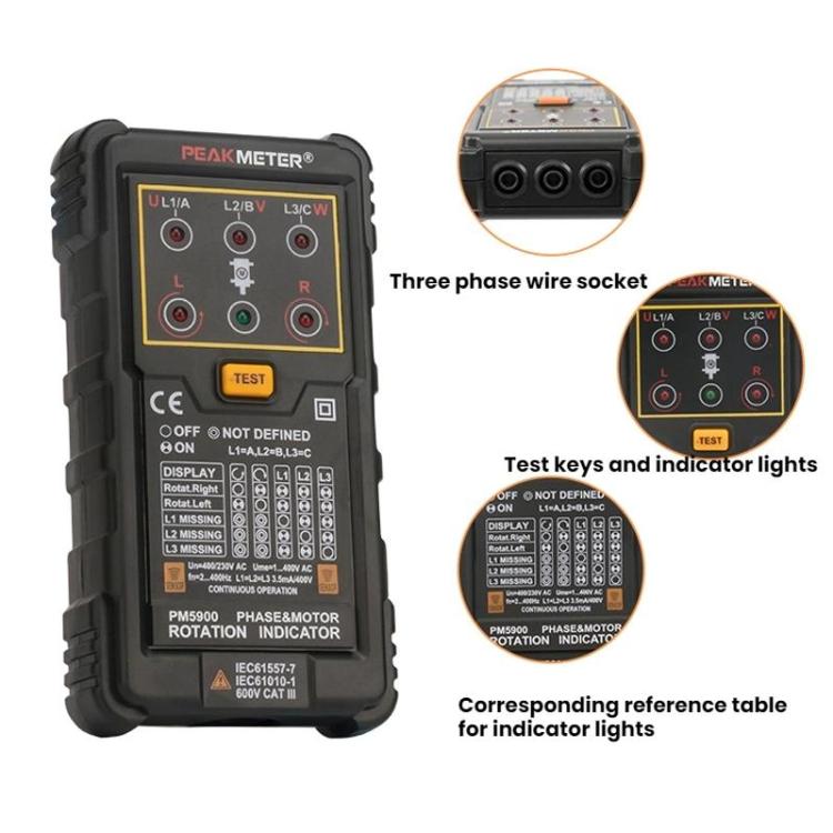 Probador de secuencia de fases de rotación de motores de CA trifásicos PEAKMETER, PM5900