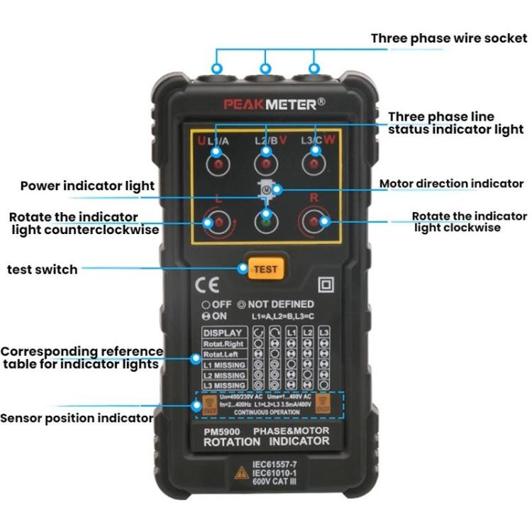 Probador de secuencia de fases de rotación de motores de CA trifásicos PEAKMETER, PM5900