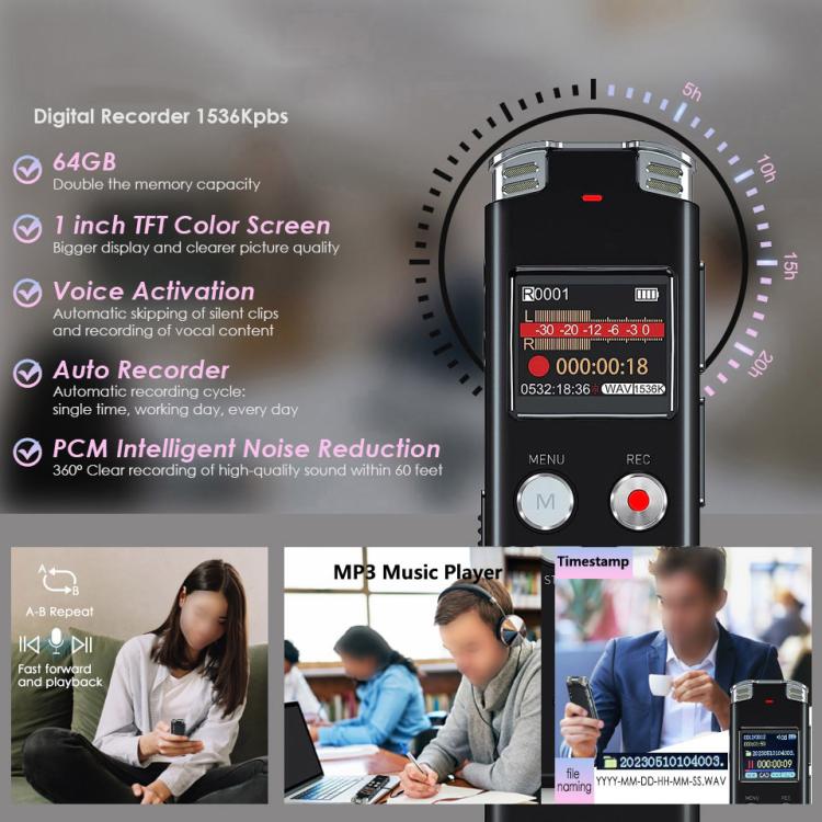 Grabadora de voz digital portátil HD con cancelación de ruido y activación por voz para conferencias., 64GB, 128GB