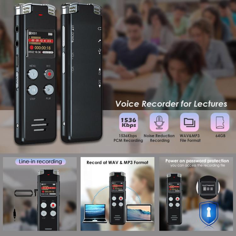 Grabadora de voz digital portátil HD con cancelación de ruido y activación por voz para conferencias., 64GB, 128GB