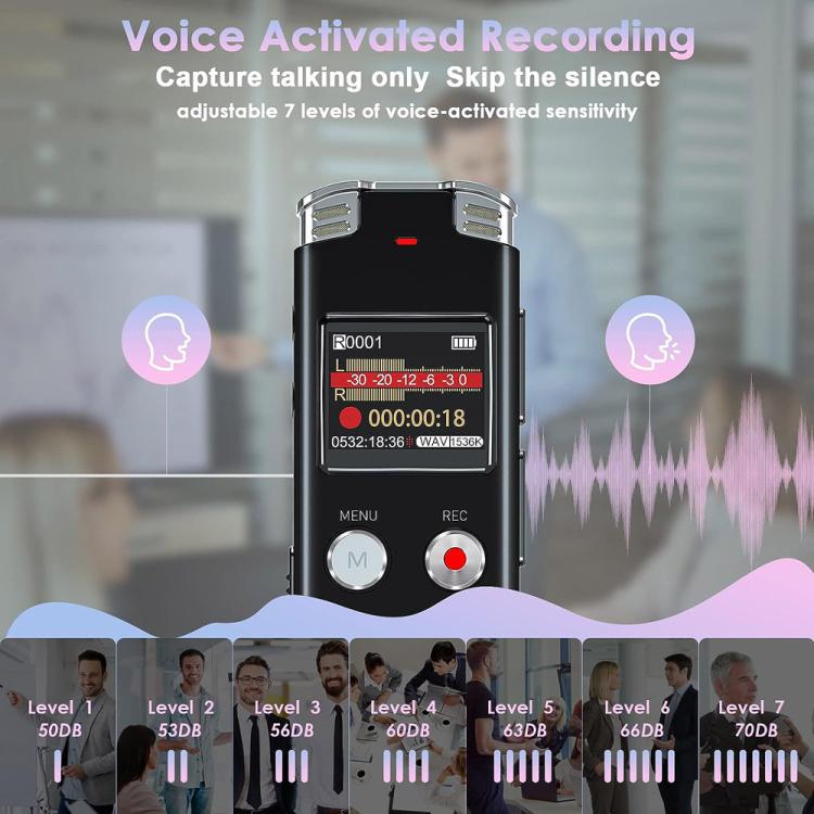 Grabadora de voz digital portátil HD con cancelación de ruido y activación por voz para conferencias., 64GB, 128GB