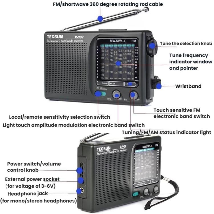Radio portátil de bolsillo TECSUN R-909 AM/FM/SW de 9 bandas., R-909