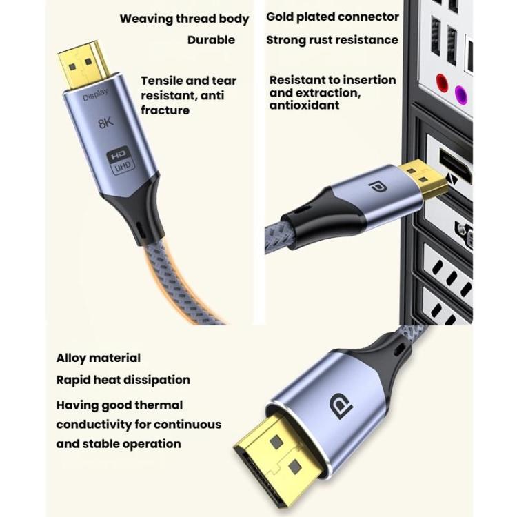 Cable de conversión DP a HDMI 8K 60Hz HD para conexión de TV y ordenador, cable de proyección y monitor., 1m, 2m