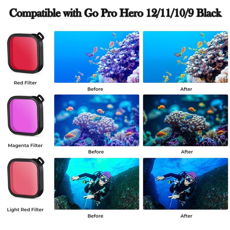 Kit de accesorios de buceo con filtro y carcasa impermeable para GoPro HERO12 Black /11 Black /10 Black /9 Black, For GoPro HERO12 Black /11 Black