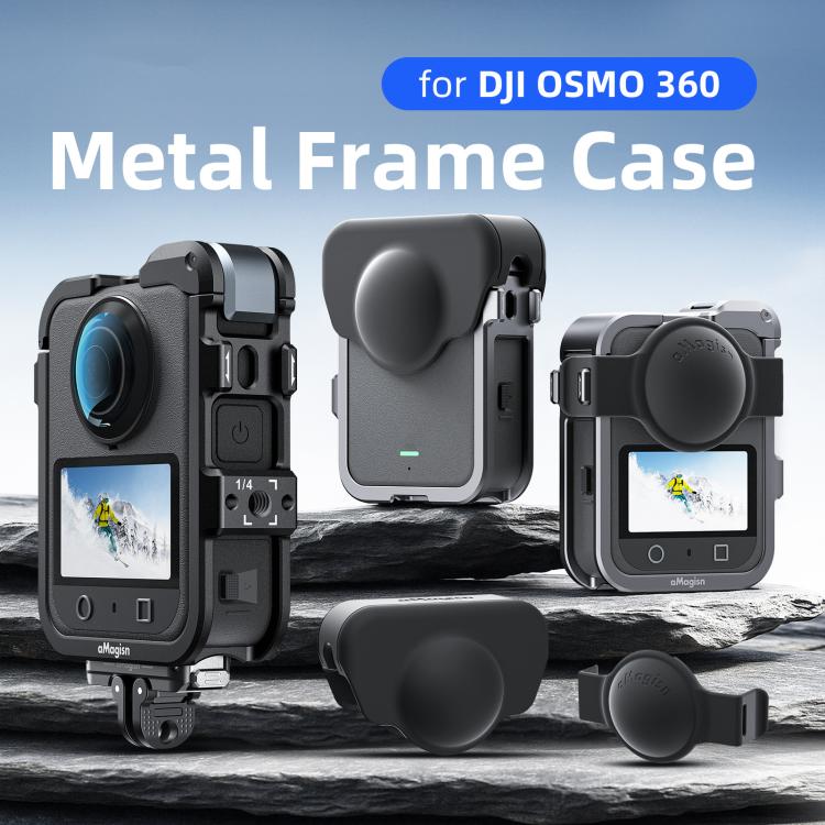 Jaula metálica de liberación rápida AMagisn para DJI Osmo 360 con tapas de lente dobles/individuales y soporte para cámara.