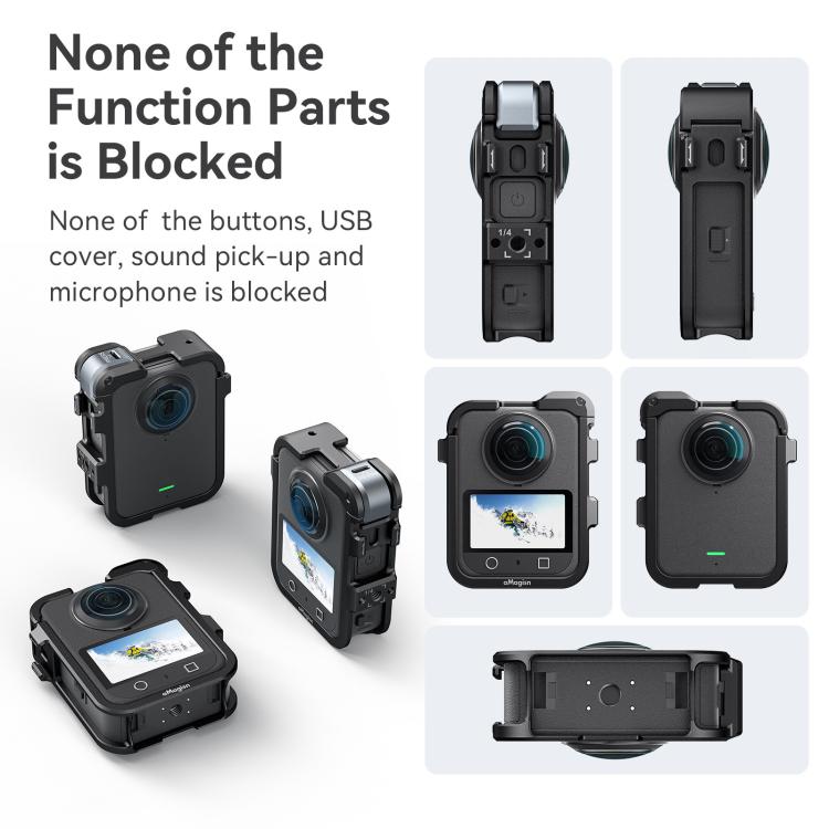 Jaula metálica de liberación rápida AMagisn para DJI Osmo 360 con tapas de lente dobles/individuales y soporte para cámara.