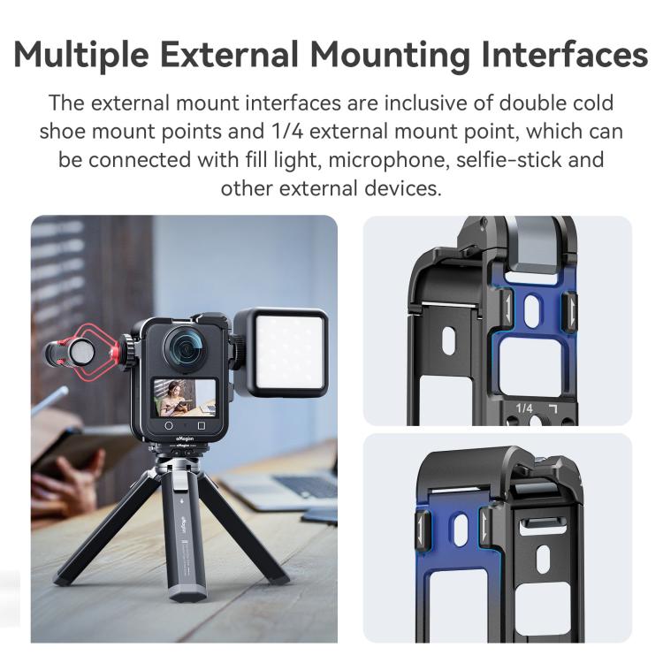 Jaula metálica de liberación rápida AMagisn para DJI Osmo 360 con tapas de lente dobles/individuales y soporte para cámara.