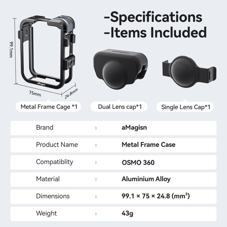 Jaula metálica de liberación rápida AMagisn para DJI Osmo 360 con tapas de lente dobles/individuales y soporte para cámara.