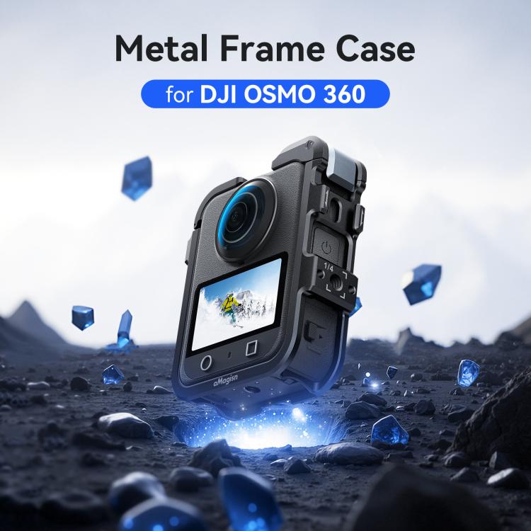 Jaula metálica de liberación rápida AMagisn para DJI Osmo 360 con tapas de lente dobles/individuales y soporte para cámara.