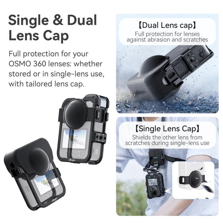 Jaula metálica de liberación rápida AMagisn para DJI Osmo 360 con tapas de lente dobles/individuales y soporte para cámara.