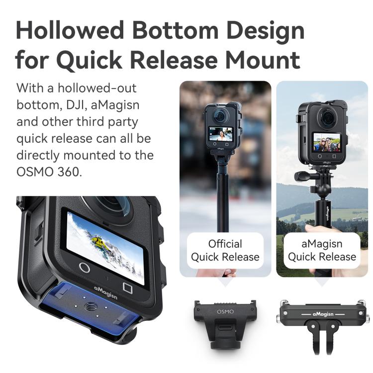 Jaula metálica de liberación rápida AMagisn para DJI Osmo 360 con tapas de lente dobles/individuales y soporte para cámara.